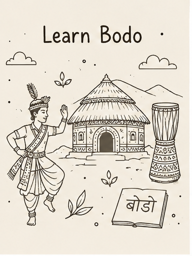 Cultural illustration representing Bodo language and Assam and Northeast India - featuring iconic landmarks, cuisine, and symbols of Bodo speaking regions