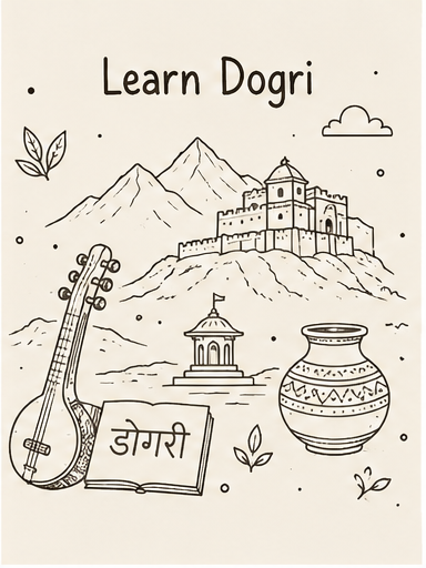 Cultural illustration representing Dogri language and Jammu and surrounding regions, India - featuring iconic landmarks, cuisine, and symbols of Dogri speaking regions