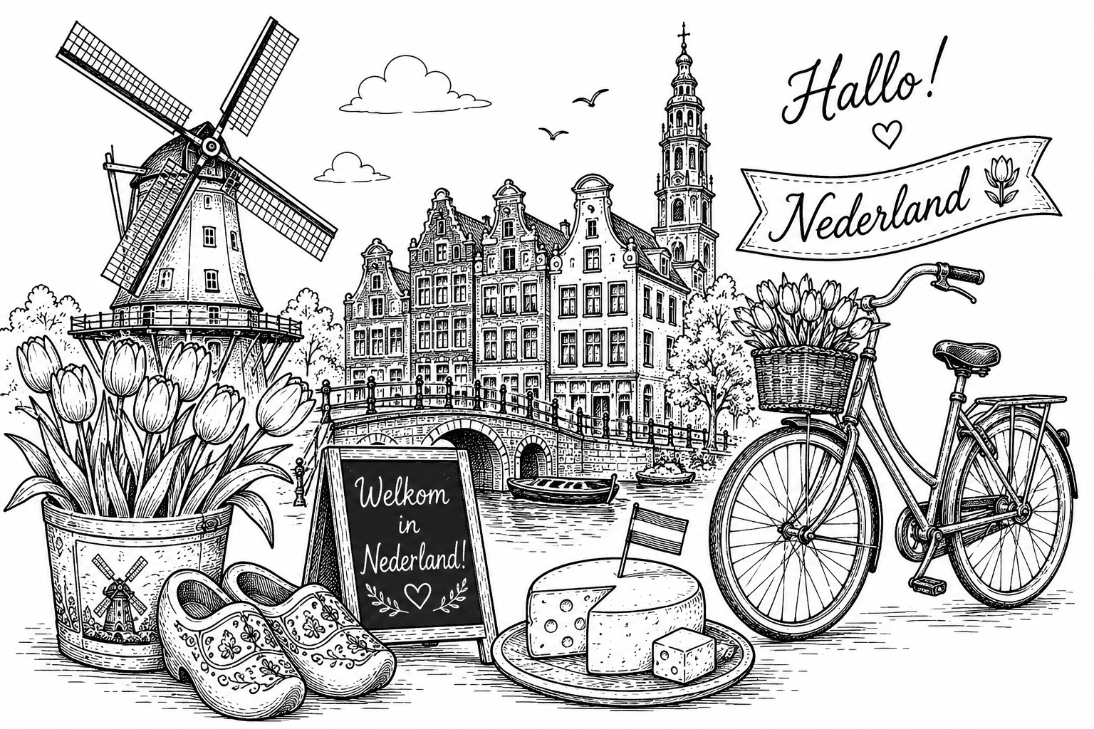 Cultural illustration representing Dutch language and Netherlands & Belgium - featuring iconic landmarks, cuisine, and symbols of Dutch speaking regions