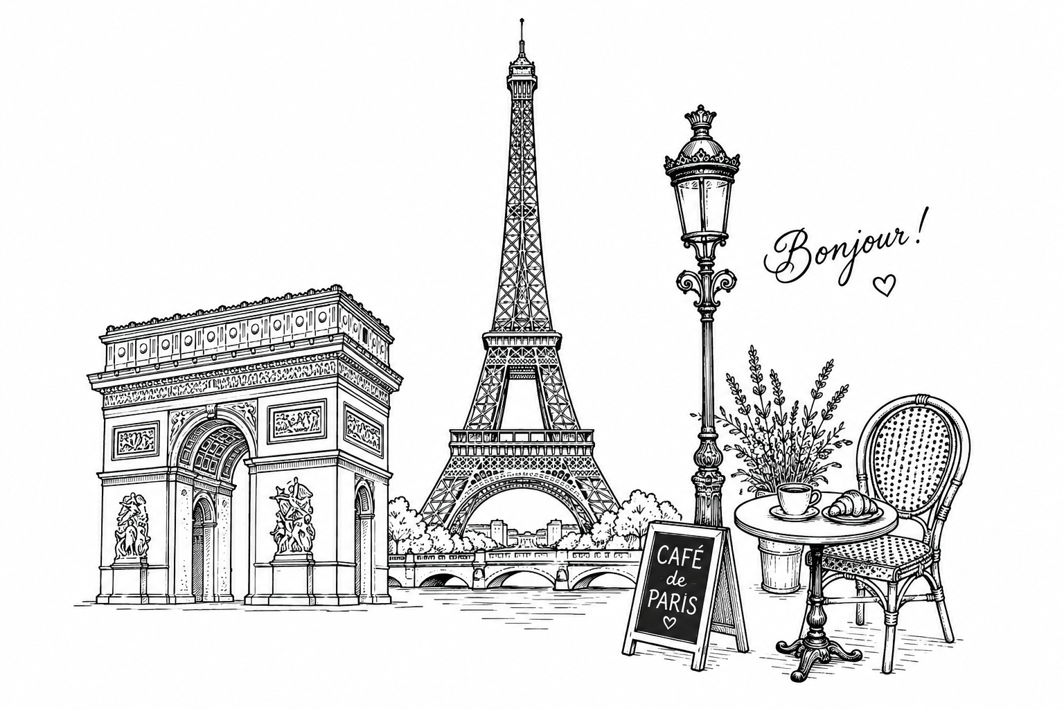 Cultural illustration representing French language and France & Francophone World - featuring iconic landmarks, cuisine, and symbols of French speaking regions