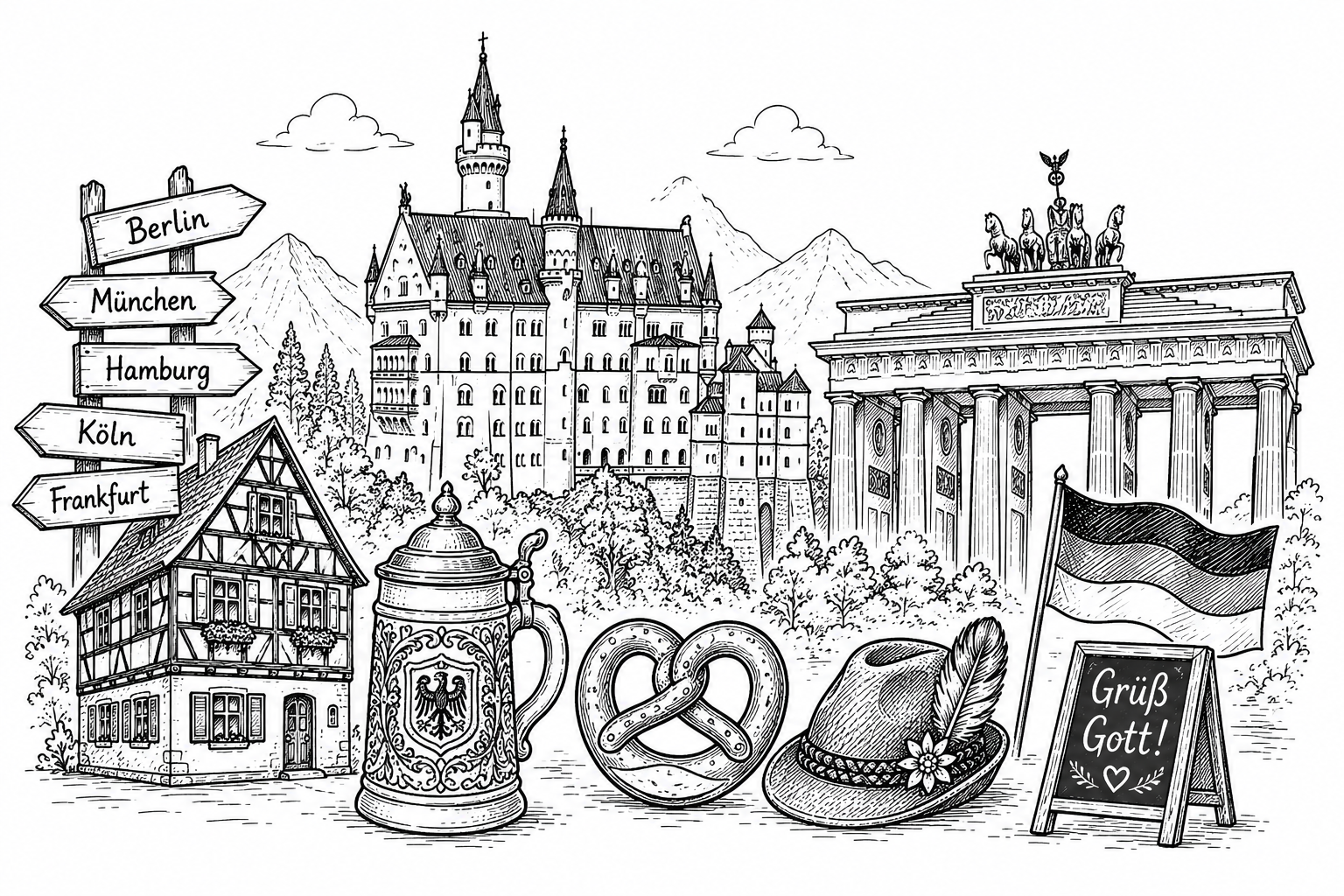 Cultural illustration representing German language and Germany, Austria & Switzerland - featuring iconic landmarks, cuisine, and symbols of German speaking regions