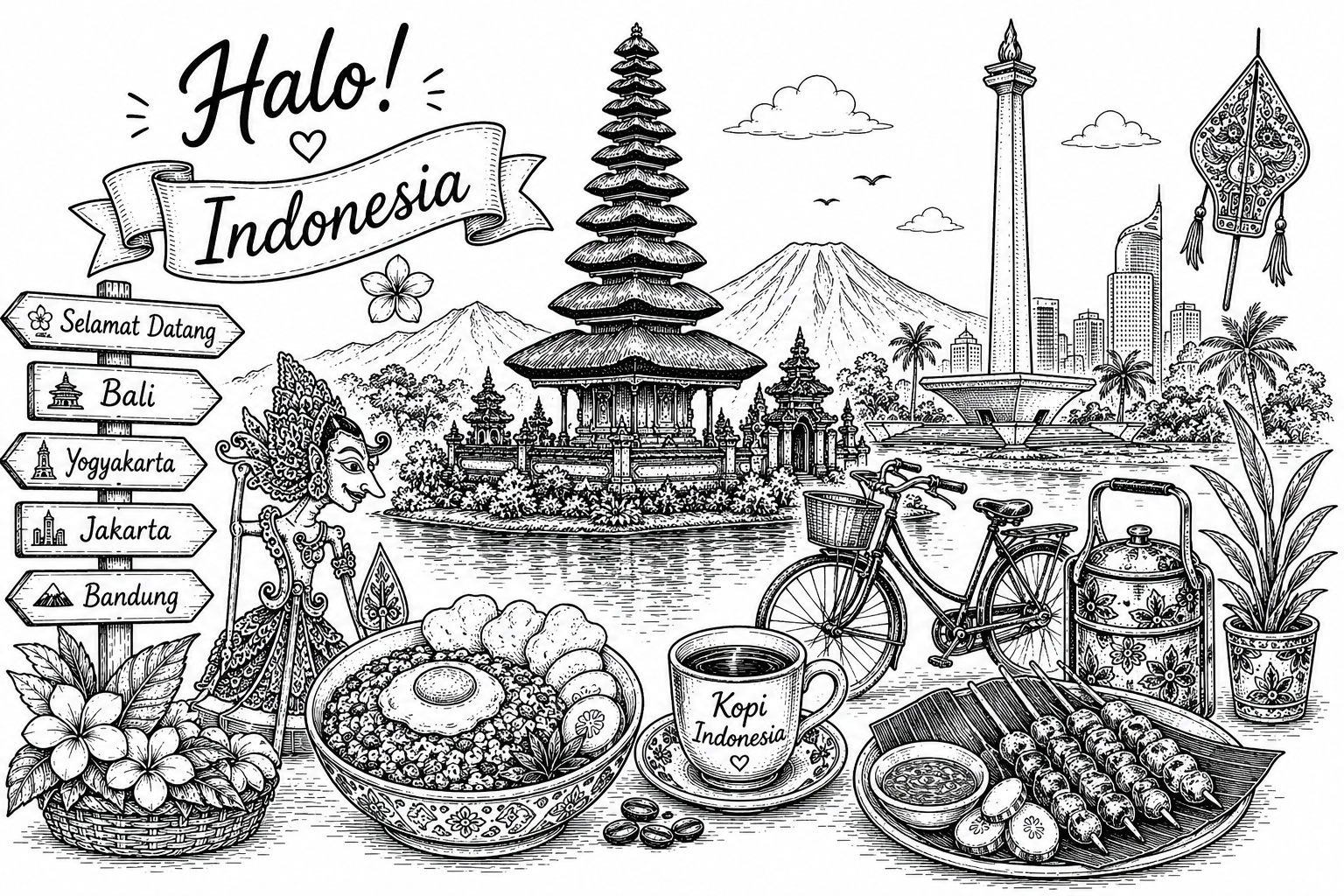 Cultural illustration representing Indonesian language and Indonesia - featuring iconic landmarks, cuisine, and symbols of Indonesian speaking regions