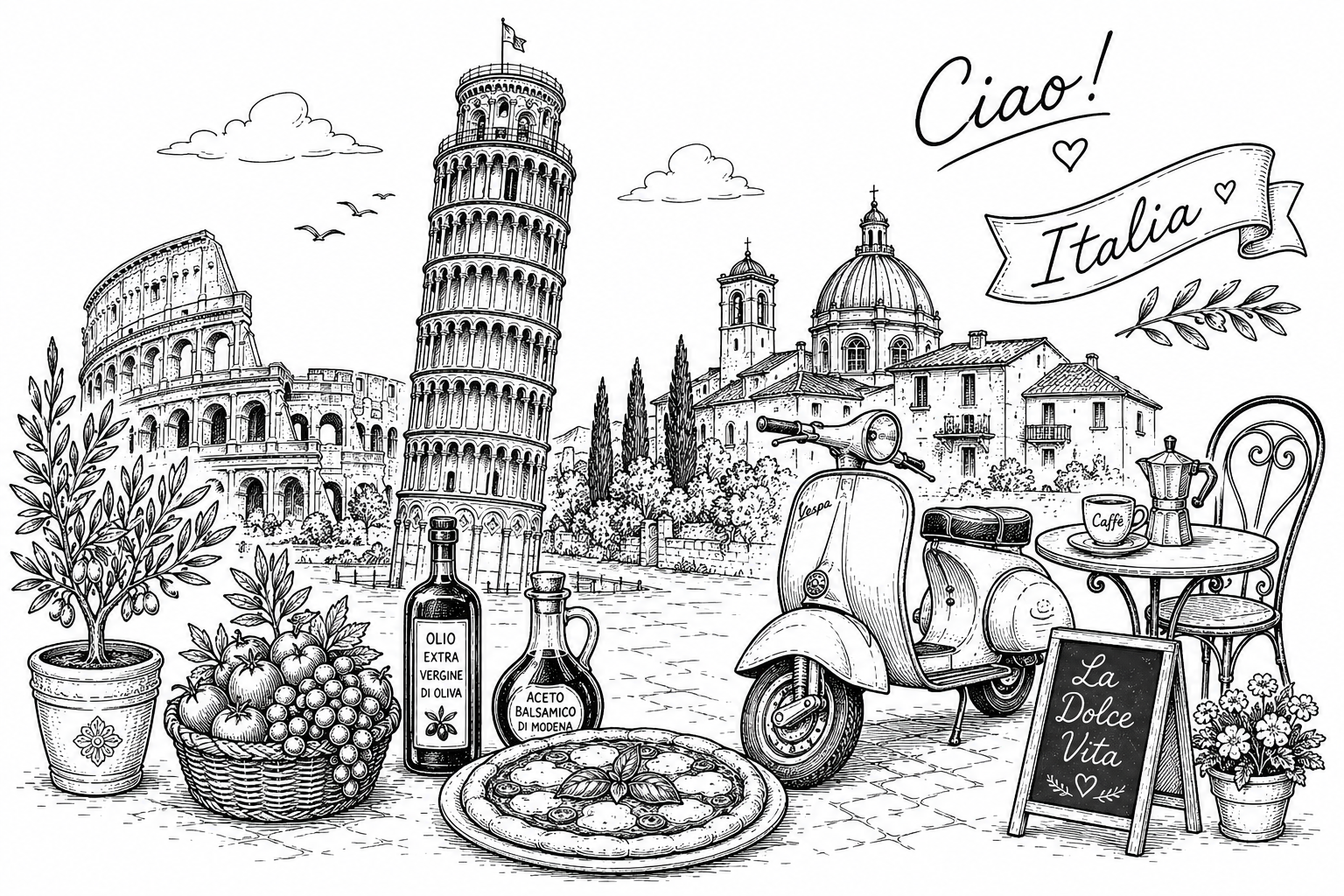 Cultural illustration representing Italian language and Italy - featuring iconic landmarks, cuisine, and symbols of Italian speaking regions