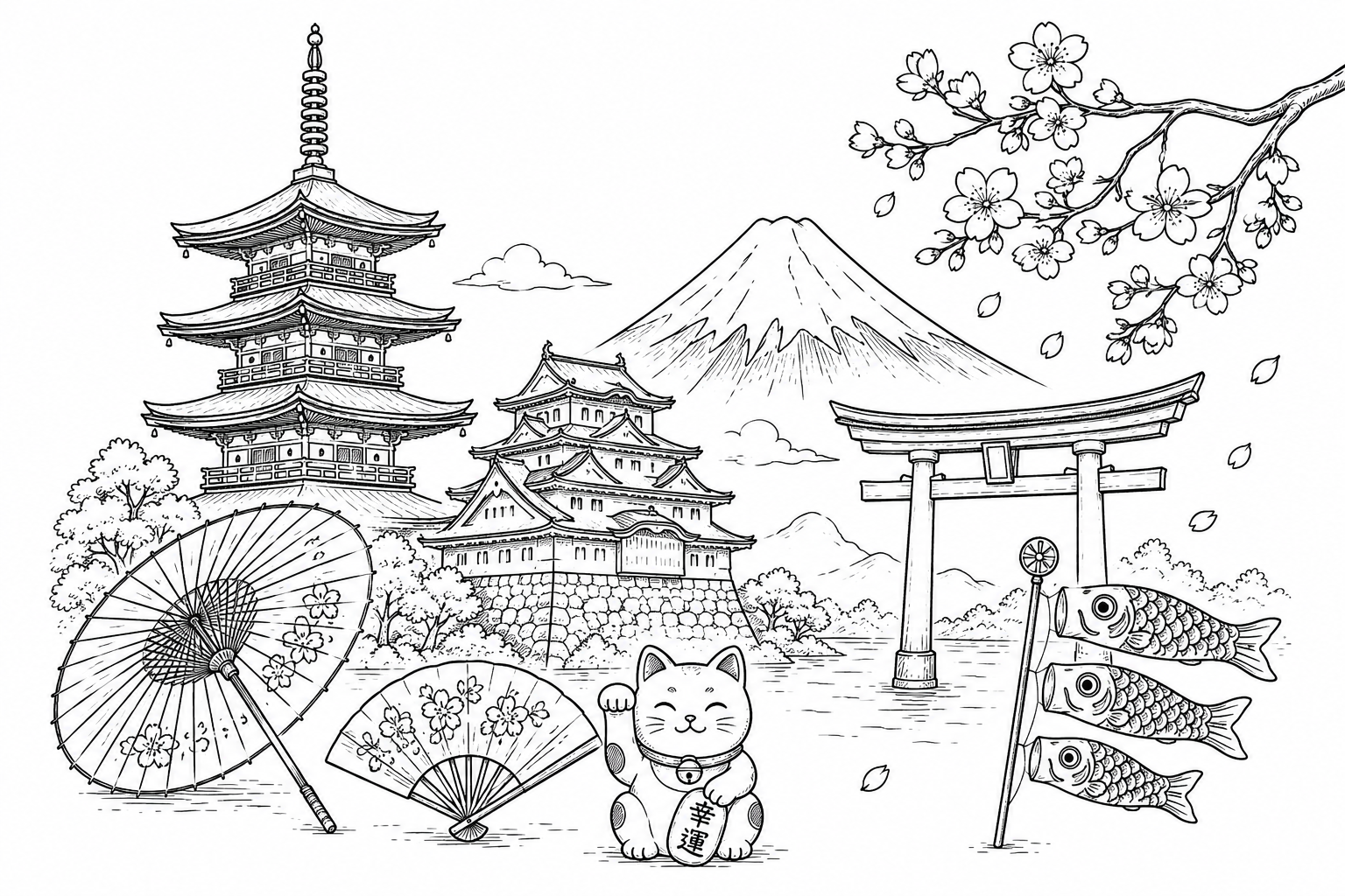 Cultural illustration representing Japanese language and Japan - featuring iconic landmarks, cuisine, and symbols of Japanese speaking regions