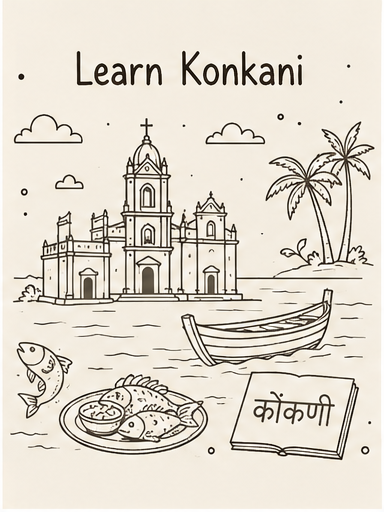 Cultural illustration representing Konkani language and Goa and the Konkan region, India - featuring iconic landmarks, cuisine, and symbols of Konkani speaking regions