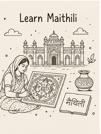 Cultural illustration representing Maithili language and Bihar and Jharkhand, India; Terai, Nepal - featuring iconic landmarks, cuisine, and symbols of Maithili speaking regions