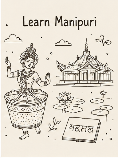 Cultural illustration representing Manipuri language and Manipur and Northeast India - featuring iconic landmarks, cuisine, and symbols of Manipuri speaking regions