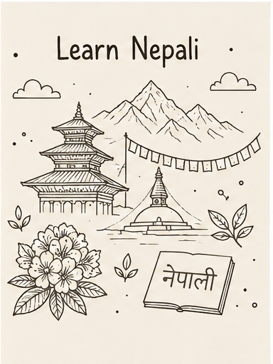 Cultural illustration representing Nepali language and India and Nepal - featuring iconic landmarks, cuisine, and symbols of Nepali speaking regions