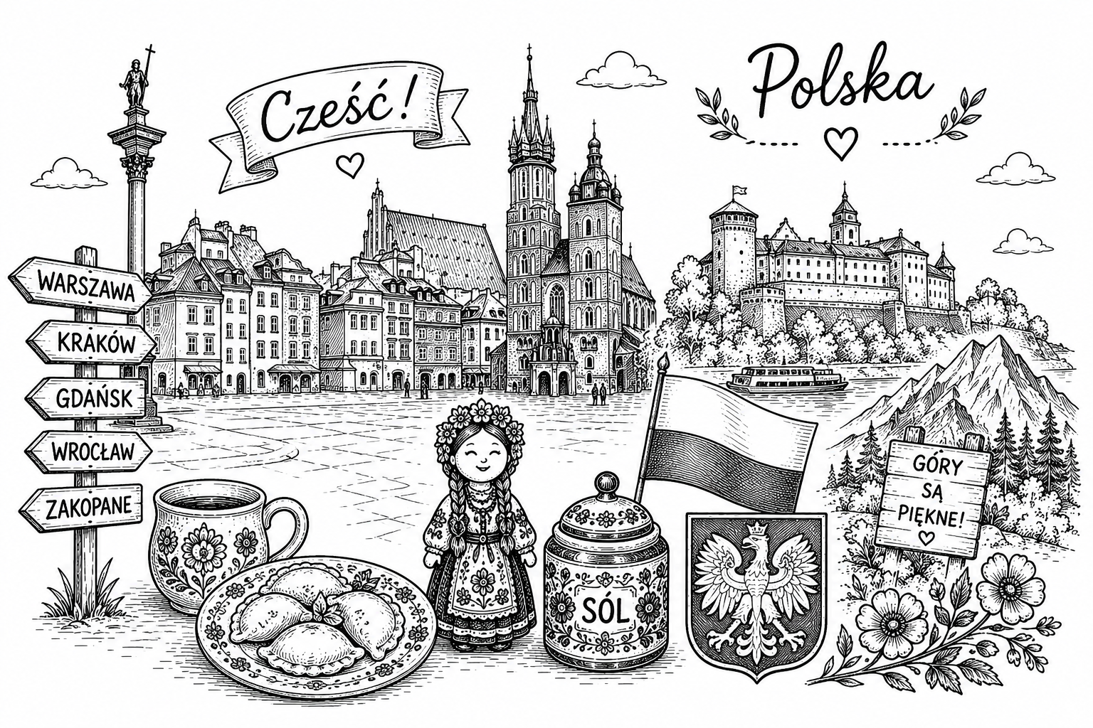 Cultural illustration representing Polish language and Poland - featuring iconic landmarks, cuisine, and symbols of Polish speaking regions