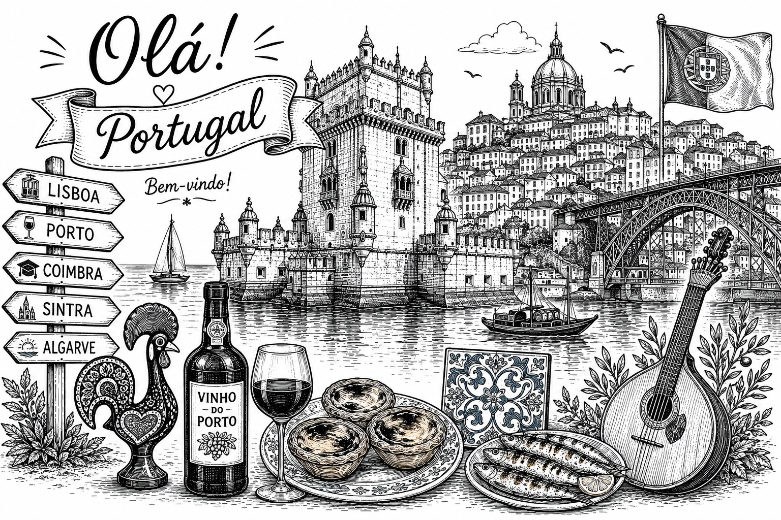 Cultural illustration representing Portuguese language and Portugal, Brazil & Lusophone World - featuring iconic landmarks, cuisine, and symbols of Portuguese speaking regions