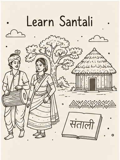 Cultural illustration representing Santali language and Jharkhand, West Bengal, Odisha and Bihar, India - featuring iconic landmarks, cuisine, and symbols of Santali speaking regions