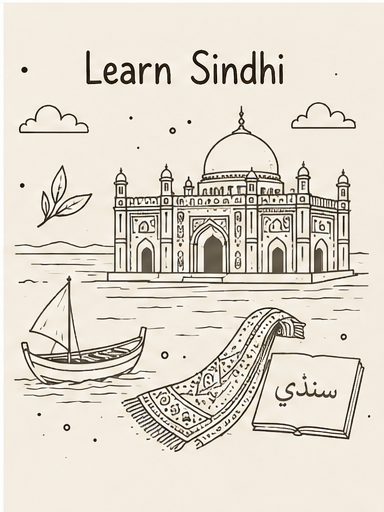 Cultural illustration representing Sindhi language and India and Pakistan - featuring iconic landmarks, cuisine, and symbols of Sindhi speaking regions