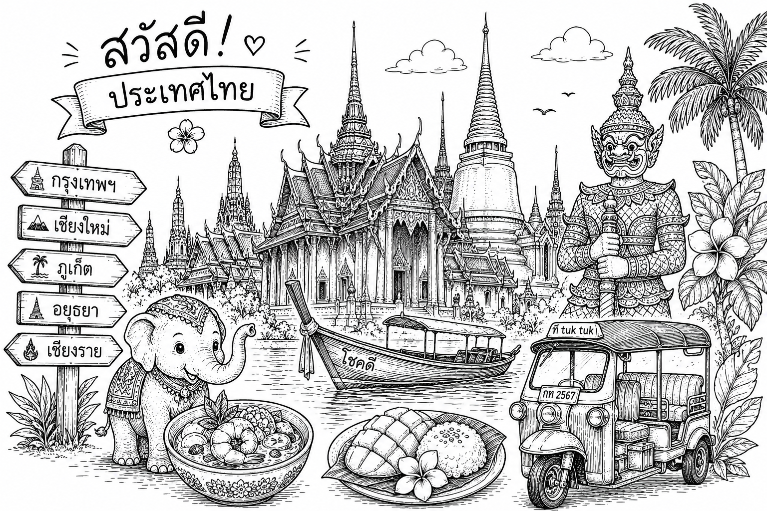 Cultural illustration representing Thai language and Thailand - featuring iconic landmarks, cuisine, and symbols of Thai speaking regions