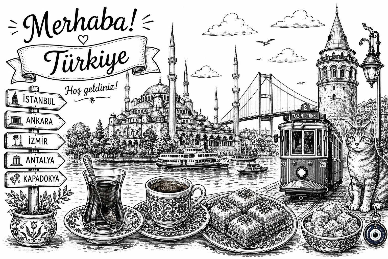 Cultural illustration representing Turkish language and Turkey - featuring iconic landmarks, cuisine, and symbols of Turkish speaking regions