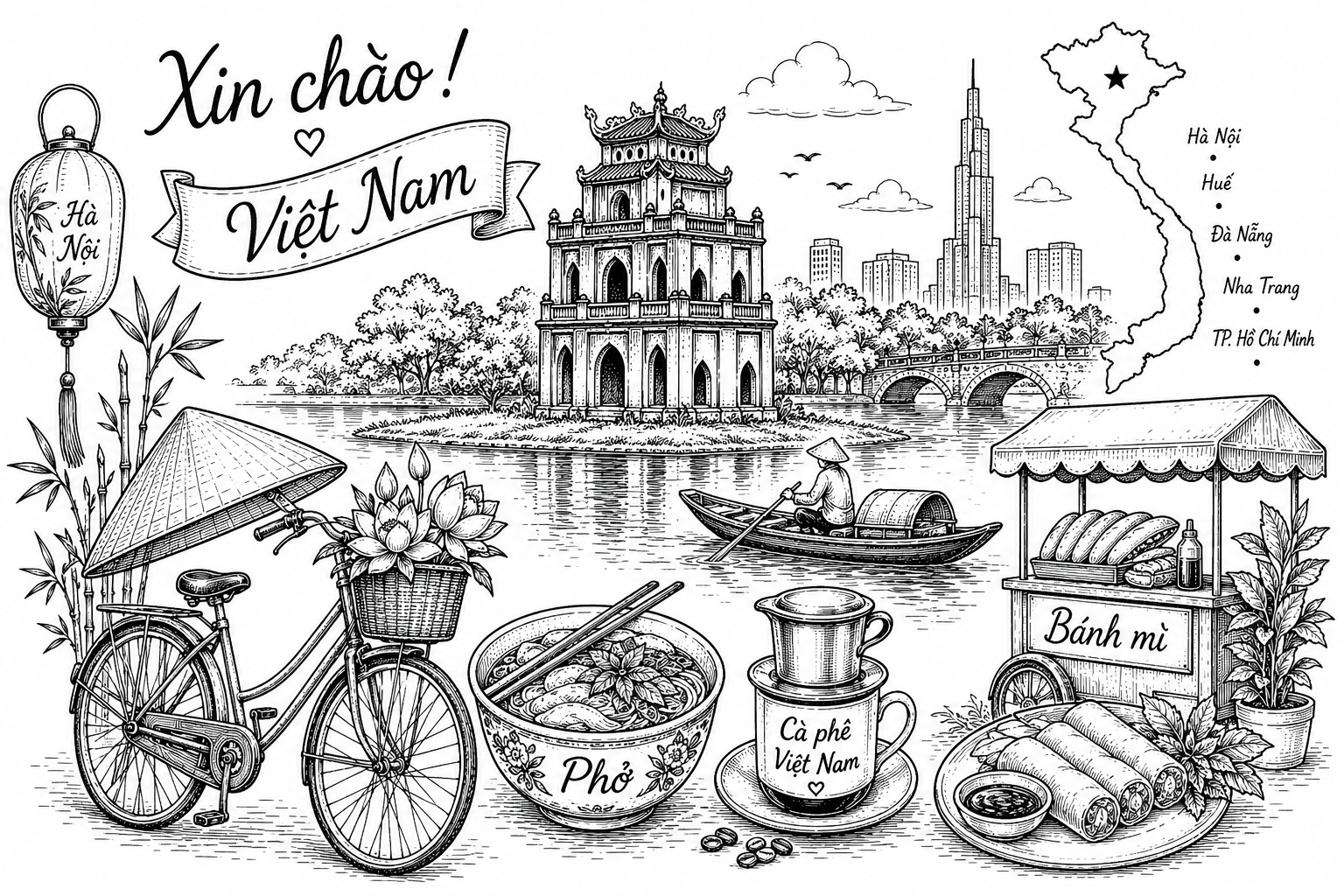 Cultural illustration representing Vietnamese language and Vietnam - featuring iconic landmarks, cuisine, and symbols of Vietnamese speaking regions