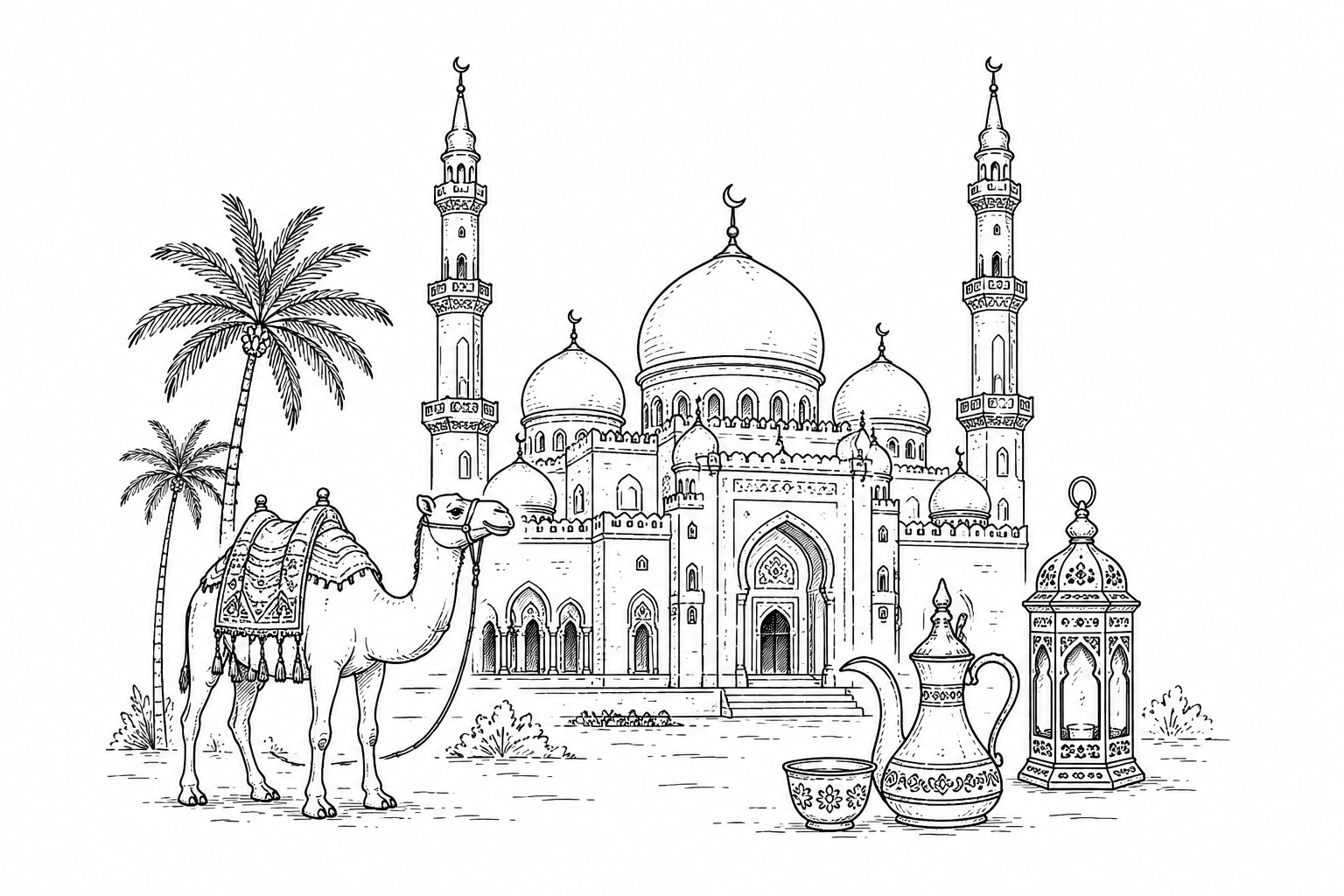 Cultural illustration representing Arabic language and Middle East & North Africa - featuring iconic landmarks, cuisine, and symbols of Arabic speaking regions