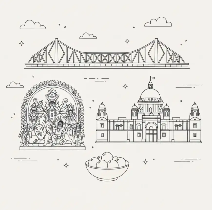 Cultural illustration representing Bengali language and West Bengal, India - featuring iconic landmarks, cuisine, and symbols of Bengali speaking regions