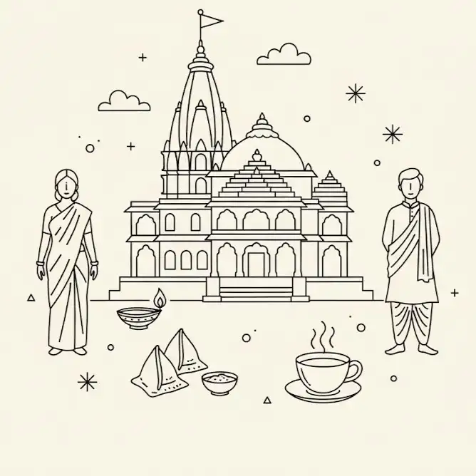 Cultural illustration representing Hindi language and Northern India - featuring iconic landmarks, cuisine, and symbols of Hindi speaking regions