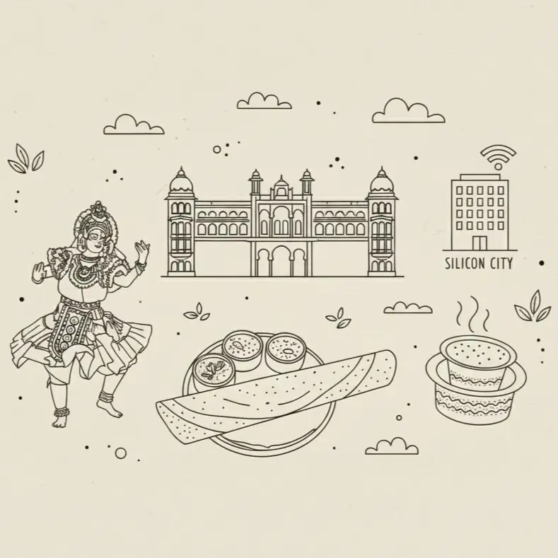 Cultural illustration representing Kannada language and Karnataka, India - featuring iconic landmarks, cuisine, and symbols of Kannada speaking regions