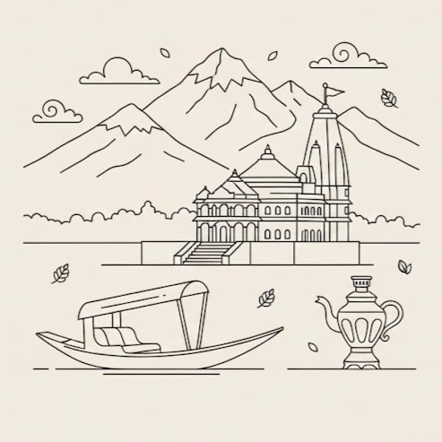 Cultural illustration representing Kashmiri language and Jammu & Kashmir, India - featuring iconic landmarks, cuisine, and symbols of Kashmiri speaking regions