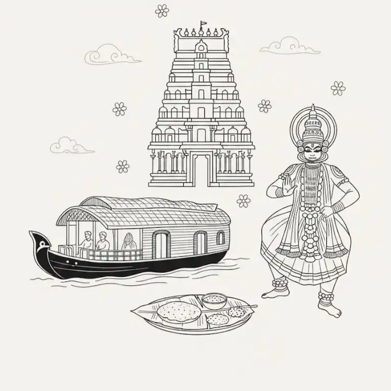 Cultural illustration representing Malayalam language and Kerala, India - featuring iconic landmarks, cuisine, and symbols of Malayalam speaking regions