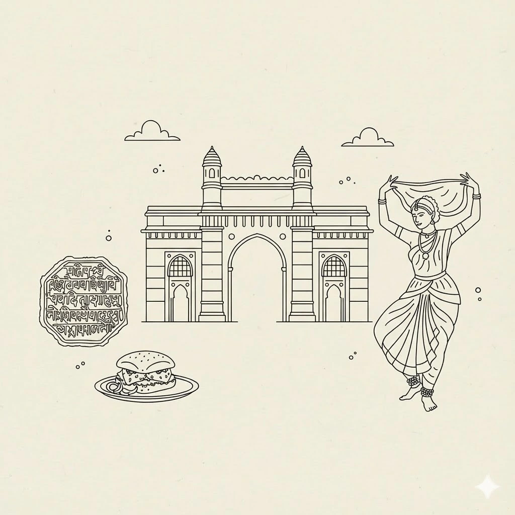 Cultural illustration representing Marathi language and Maharashtra, India - featuring iconic landmarks, cuisine, and symbols of Marathi speaking regions