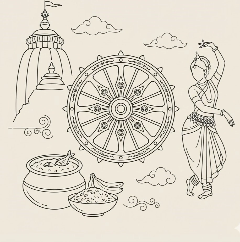 Cultural illustration representing Odia language and Odisha, India - featuring iconic landmarks, cuisine, and symbols of Odia speaking regions