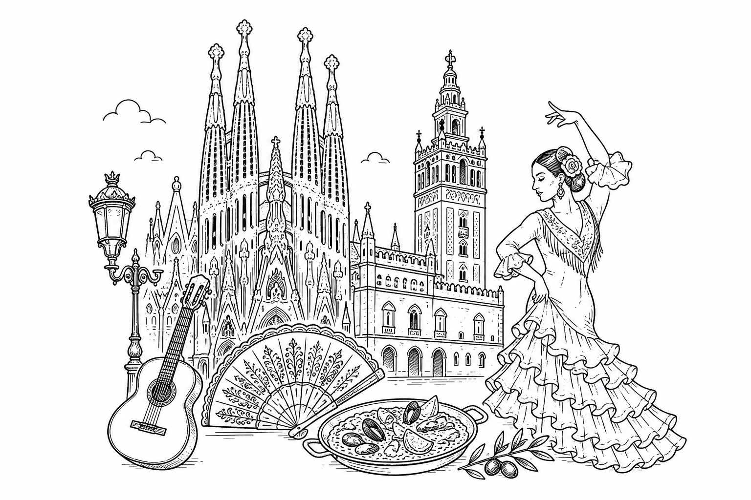 Cultural illustration representing Spanish language and Spain & Latin America - featuring iconic landmarks, cuisine, and symbols of Spanish speaking regions