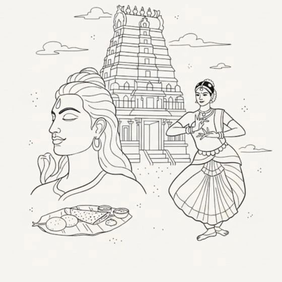 Cultural illustration representing Tamil language and Tamil Nadu, India & Sri Lanka - featuring iconic landmarks, cuisine, and symbols of Tamil speaking regions