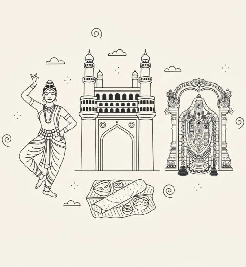 Cultural illustration representing Telugu language and Andhra Pradesh & Telangana, India - featuring iconic landmarks, cuisine, and symbols of Telugu speaking regions